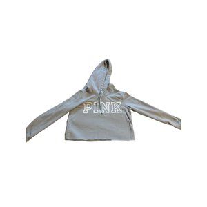 Victoria Secret Pink Crop Hoodie Pullover Long Sleeves Pockets Light Gray Size M